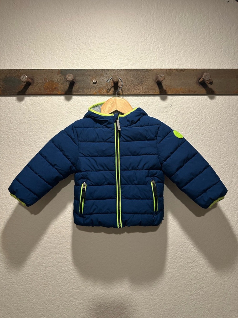 Gerry Boys 2T Blue Puffer Jacket Blue and Neon Green Winter Coat Hooded Kids - Picture 2 of 8